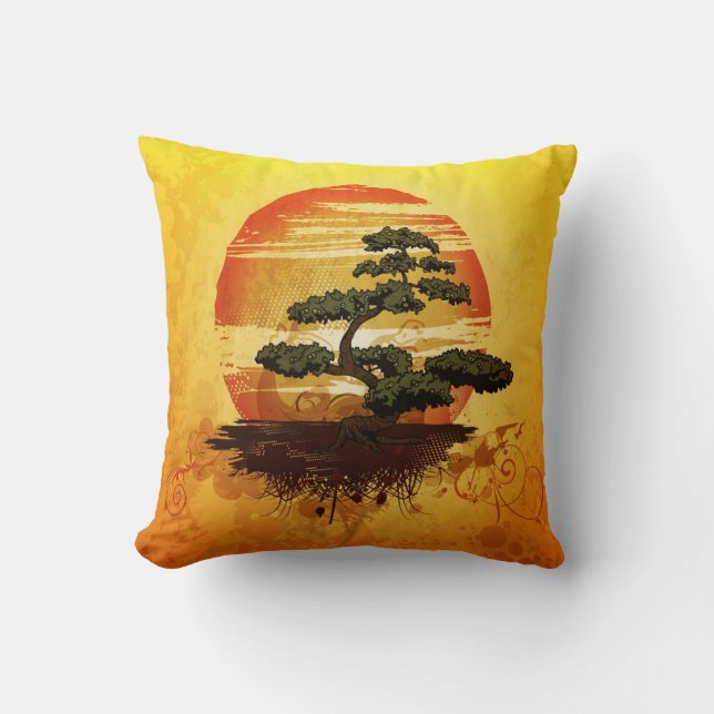 Japanese Bonsai Tree Sunset Throw Pillow (Front)