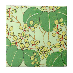 Japanese Botanical Green Leaf Woodblock Print Ceramic Tile