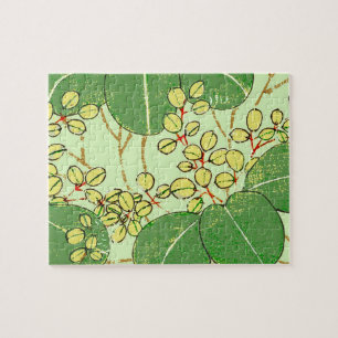 Japanese Botanical Green Leaf Woodblock Print Jigsaw Puzzle