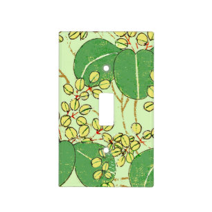 Japanese Botanical Green Leaf Woodblock Print Light Switch Cover