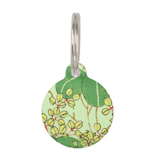 Japanese Botanical Green Leaf Woodblock Print Pet ID Tag