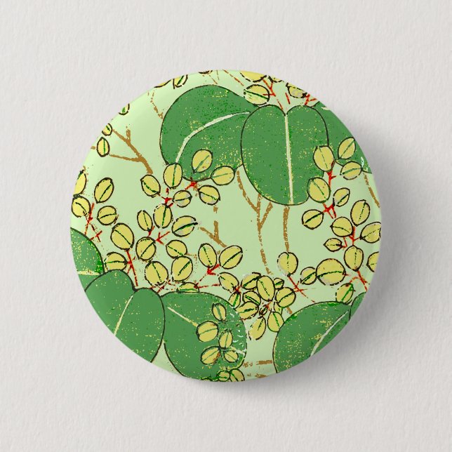 Japanese Botanical Green Leaf Woodblock Print Pinback Button (Front)
