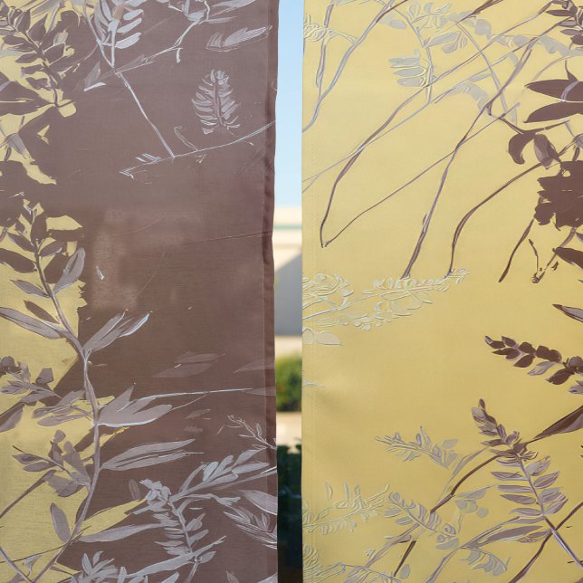 Japanese Botanical Minimal Leaves Soft Gold Light Sheer Curtains (Sheer vs. Blackout)