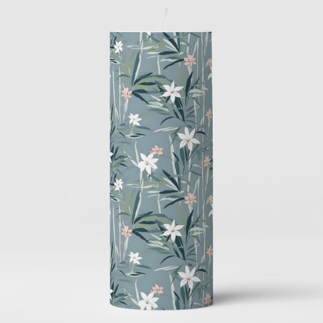 Japanese botanical zen flowers pattern pillar candle (Front)
