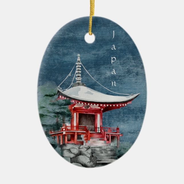 Japanese Buddhist Temple Traditional Christmas Ceramic Ornament (Front)