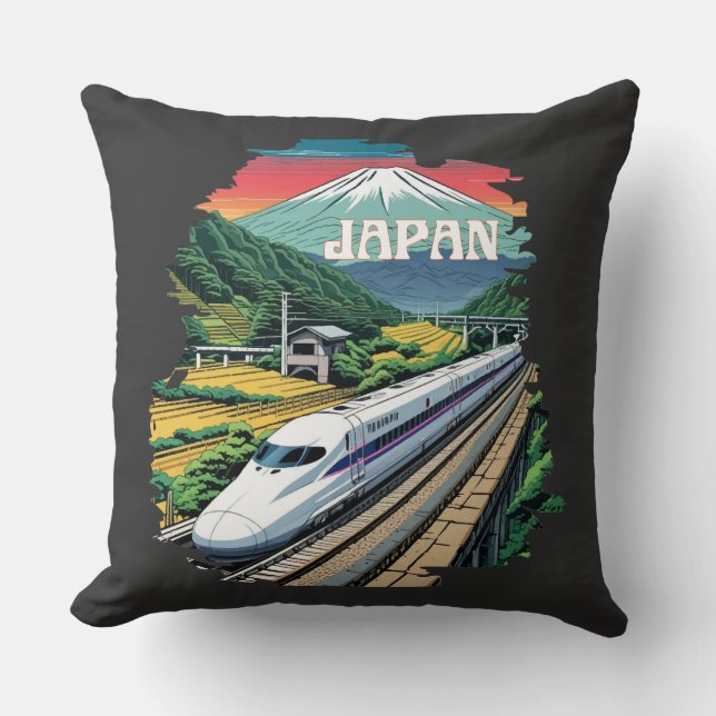 Japanese Bullet Train and Mount Fuji Throw Pillow (Front)