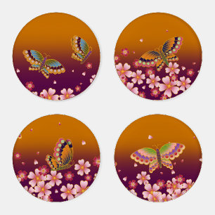 Japanese Butterflies Amid Sakura Blooms Gold Plum Coaster Set