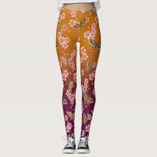 Japanese Butterflies Amid Sakura Blooms Gold Plum Leggings