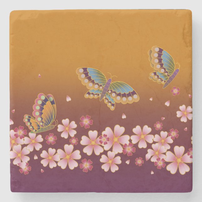 Japanese Butterflies Amid Sakura Blooms Gold  Plum Stone Coaster (Front)