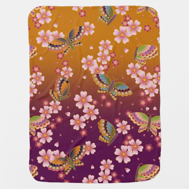 Japanese Butterflies Amid Sakura Blossoms Gold Baby Blanket (Front)