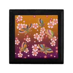 Japanese Butterflies Amid Sakura Blossoms Gold Gift Box