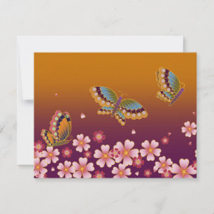 Japanese Butterflies Amid Sakura Blossoms Gold Note Card