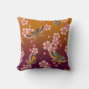 Japanese Butterflies Amid Sakura Blossoms Gold Throw Pillow