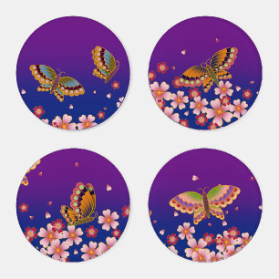 Japanese Butterflies Amid Sakura Blossoms Purple Coaster Set