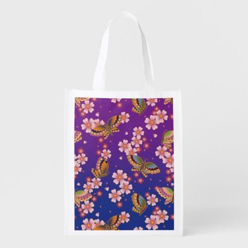 Japanese Butterflies Amid Sakura Blossoms Purple Grocery Bag