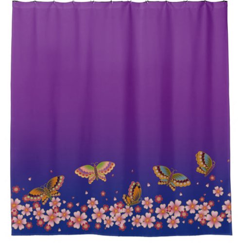 Japanese Butterflies Amid Sakura Blossoms Purple Shower Curtain