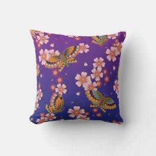 Japanese Butterflies Amid Sakura Blossoms Purple Throw Pillow