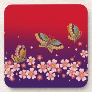 Japanese Butterflies Amid Sakura Blossoms Red Beverage Coaster