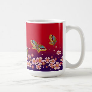 Japanese Butterflies Amid Sakura Blossoms Red Coffee Mug
