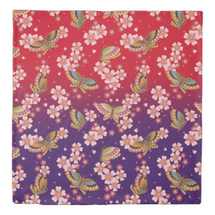 Japanese Butterflies Amid Sakura Blossoms Red Duvet Cover