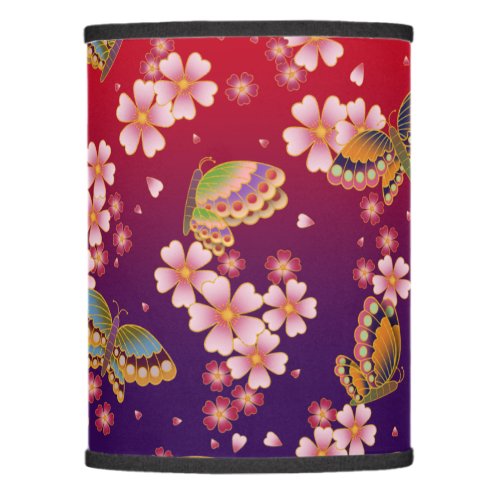 Japanese Butterflies Amid Sakura Blossoms Red Lamp Shade