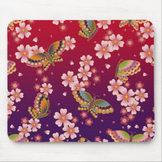 Japanese Butterflies Amid Sakura Blossoms Red Mouse Pad
