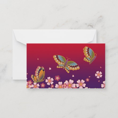 Japanese Butterflies Amid Sakura Blossoms Red Note Card