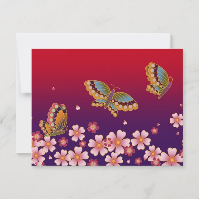 Japanese Butterflies Amid Sakura Blossoms Red Note Card (Front)