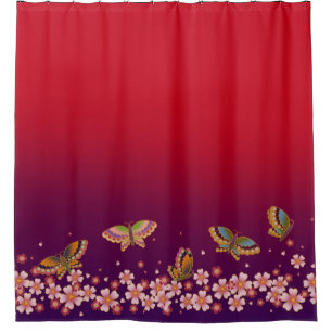 Japanese Butterflies Amid Sakura Blossoms Red Shower Curtain