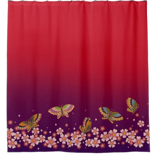 Japanese Butterflies Amid Sakura Blossoms Red Shower Curtain