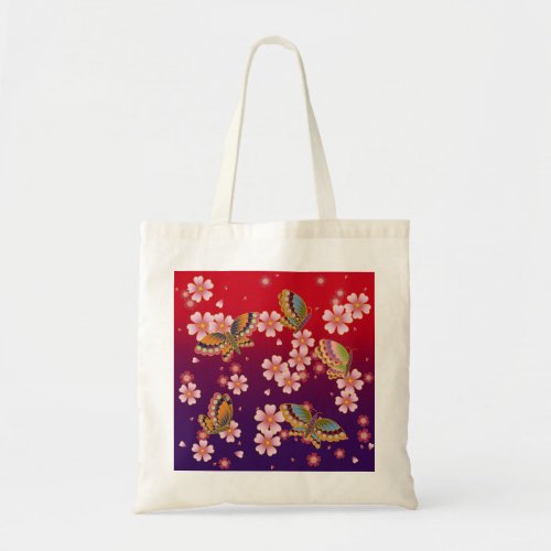 Japanese Butterflies Amid Sakura Blossoms Red Tote Bag