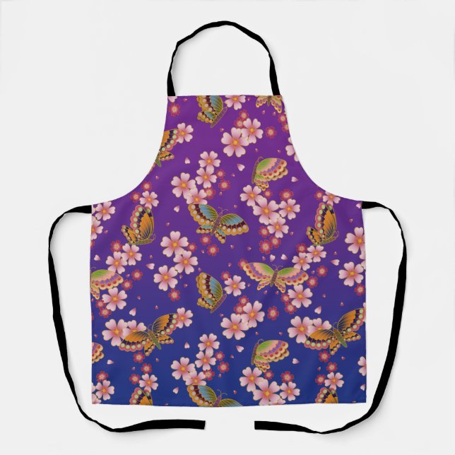 Japanese Butterflies Amid Sakura Shower Purple Apron (Front)