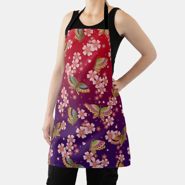Japanese Butterflies Amid Sakura Shower Red Apron (Insitu)