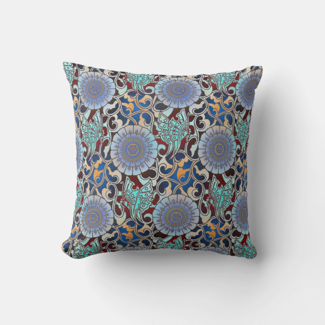 Japanese Butterflies Blue Gold Red Throw Pillow (Front)