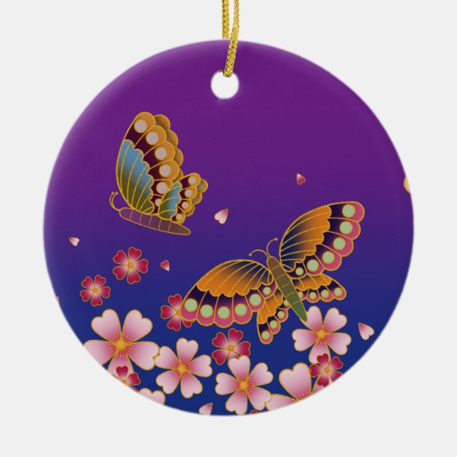 Japanese Butterflies Blue & Purple Personalized Ceramic Ornament (Front)