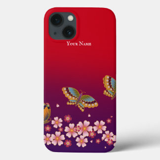 Japanese Butterflies Sakura Blossoms Personalized iPhone 13 Case