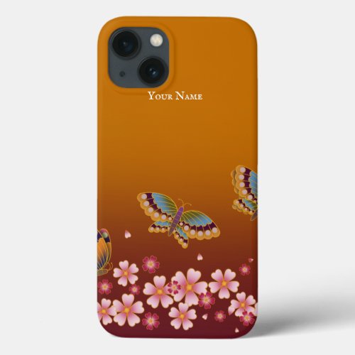 Japanese Butterflies Sakura Blossoms Personalized iPhone 13 Case