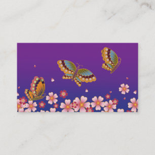 Japanese Butterflies & Sakura Blossoms Purple Blue Business Card