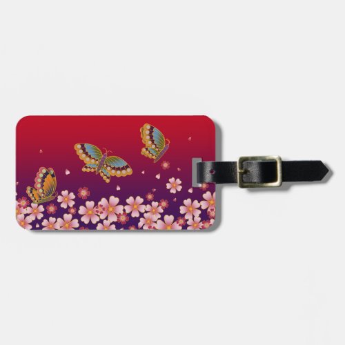 Japanese Butterflies  Sakura Blossoms Red Purple Luggage Tag