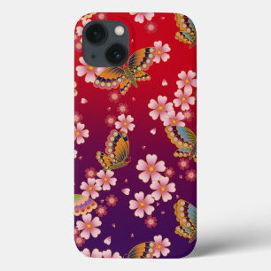 Japanese Butterflies & Sakura Red & Purple iPhone 13 Case