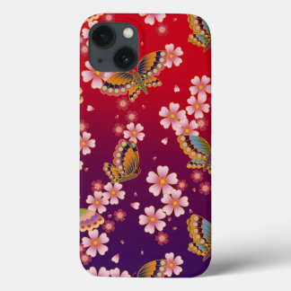 Japanese Butterflies & Sakura Red & Purple iPhone 13 Case