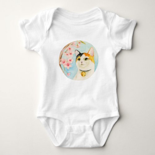 Japanese Calico Cat and Cherry Blossom Watercolor Baby Bodysuit