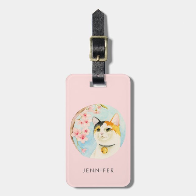 Japanese Calico Cat Illustration | Add Your Name Luggage Tag (Front Vertical)