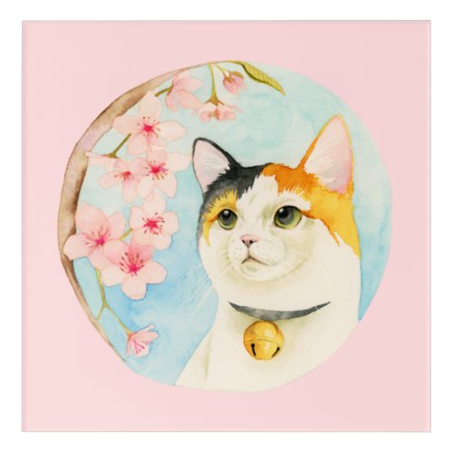 Japanese Calico Cat Watercolor Painting Acrylic Print