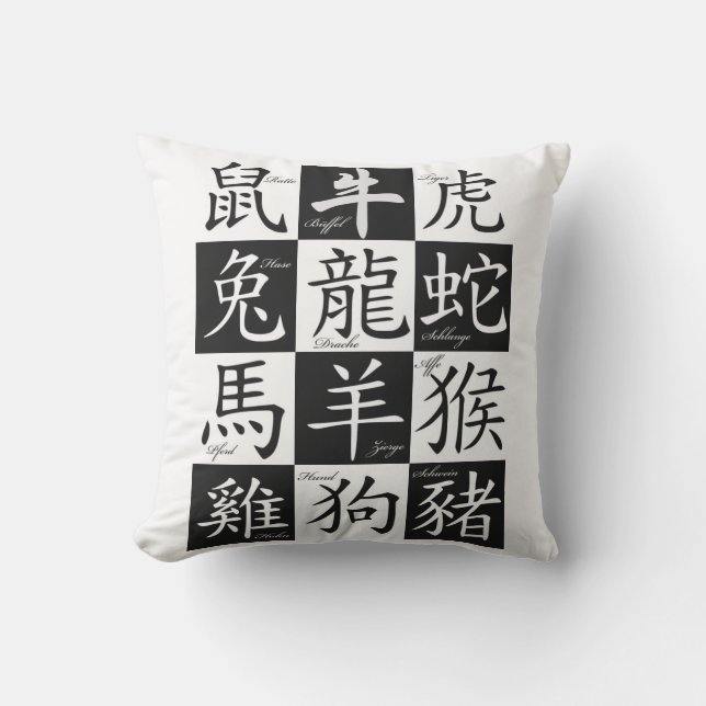 Japanese Calligraphy and Symbols Throw Pillow (Front)