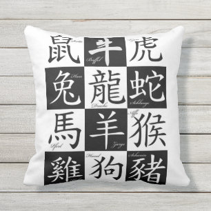 Japanese Calligraphy and Symbols Throw Pillow