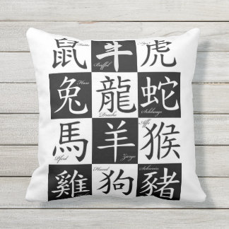 Japanese Calligraphy and Symbols Throw Pillow