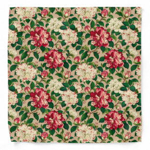 Japanese Camellia Pattern. Deep Pink on Beige Bandana