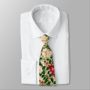 Japanese Camellia Pattern. Deep Pink on Beige Neck Tie