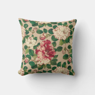 Japanese Camellia Pattern. Deep Pink on Beige Outdoor Pillow
